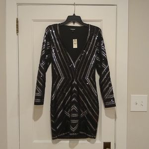 NWT EXPRESS Long-Sleeve Bodycon Black and Silver Sequin Mini Dress